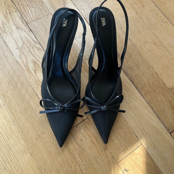 Zara Black Bow Slingbacks | Mesh Heels | Cocktail & Evening Style Sz 42 - Picture 1 of 4